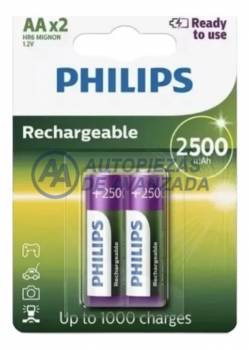PILA RECARGABLE PHILIPS AA 2500 MAH NIMH RTU (PRECIO BLISTER X2 UNIDADES)