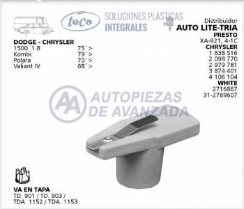ROTOR DISTRIBUIDOR TECA DODGE CHRYSLER 1500 KOMBI POLARA VALIANT IV - DISTRIBUIDORES AUTO LITE TRIA XA92141C CHRYSLER 1838516 2098770 2979781 3874401 4106104 WHITE 2716867 312769607 - USA TAPA TD901 TD903 TDA1152 TDA1153