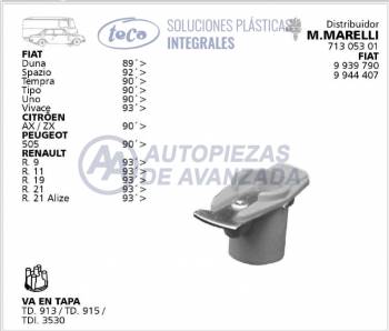 ROTOR DISTRIBUIDOR TECA FIAT DUNA SPAZIO TEMPRA TIPO UNO VIVACE CITROEN AZ ZX PEUGEOT 505 RENAULT 9 11 19 21 - DISTRIBUIDORES MAGNETI MARELLI 71305301 9939790 9944407 - USA TAPA TD913 TD915 TDI3530