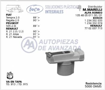 ROTOR DISTRIBUIDOR TECA FIAT TEMPRA REGATTA PEUGEOT 505 RENAULT 21 - DISTRIBUIDORES ALFA ROMEO 105480501100 105480501101 BOSCH 1234332033 1234332074 RENAULT 7702037713 - USA TAPA TD913 TD915 - RESISTENCIA 5000 OHMS