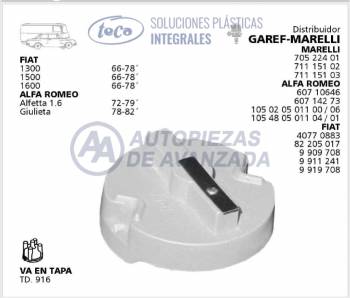 ROTOR DISTRIBUIDOR TECA FIAT 1300 1500 1600 ALFA ROMEO ALFETTA GIULETA - DISTRIBUIDORES MAGNETI MARELLI 70522401 71115102 71115103 ALFA ROMEO 60710646 60714273 105020501100 105020501106 105480501104 105480501101 FIAT 40770883 82205017 9909708 9911241 9919708 - USA TAPA TD916