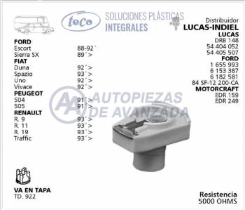 ROTOR DISTRIBUIDOR TECA FORD ESCORT SIERRA SX FIAT DUNA SPAZIO UNO VIVACE PEUGEOT 504 505 RENAULT 9 11 19 TRAFIC - DISTRIBUIDORES LUCAS INDIEL DRB148 54404052 54405507 FORD 1655993 5153387 6182581 84SF12200CA MOTORCRAFT EDR159 EDR249 - USA TAPA TD922 - RESISTENCIA 5000 OHMS