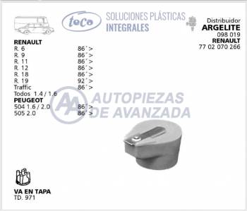 ROTOR DISTRIBUIDOR TECA RENAULT 6 9 11 12 18 19 TRAFIC TODOS 1.4 1.6 - DISTRIBUIDORES ARGELITE 098019 RENAULT 7702070266 - USA TAPA TD971