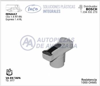 ROTOR DISTRIBUIDOR TECA RENAULT CLIO 1.6 EXPRESS 1.4 - DISTRIBUIDORES BOSCH 1234332273 - USA TAPA TD977 - RESISTENCIA 1000 OHMS