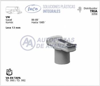 ROTOR DISTRIBUIDOR TECA VOLKSWAGEN GACEL KOMBI LEVA DE 13MM - DISTRIBUIDORES TRIA 3359 - USA TAPA TD990 TD992